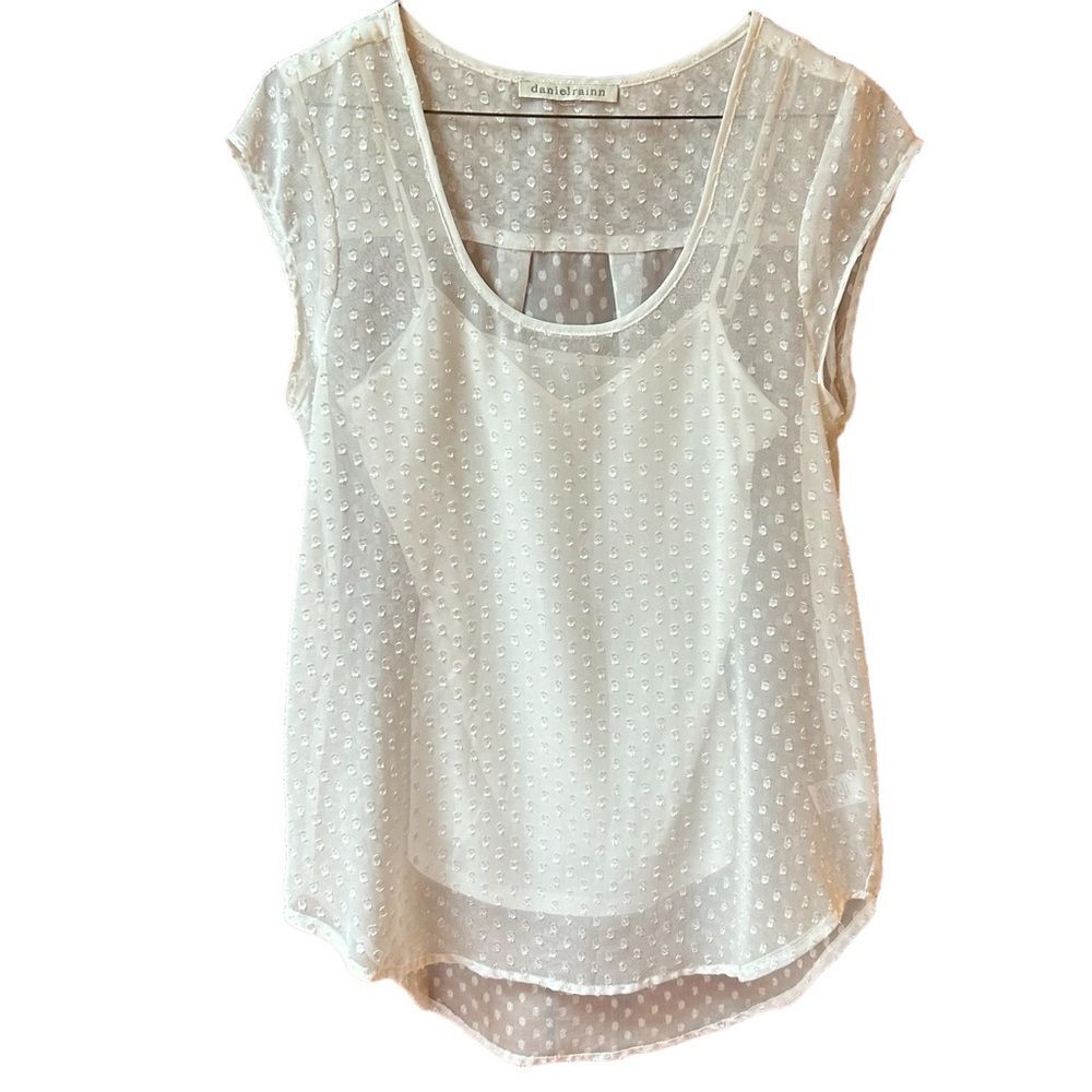 Daniel Rainn Clipped Jacquard Blouse Polka Dot Sheer Cap Short Sleeves Top XS